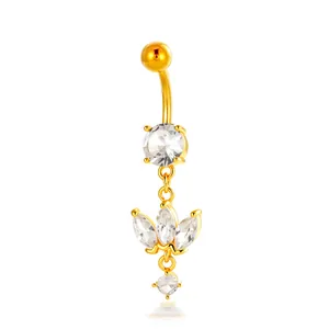 Gold plated zircon belly button ring with floral pendant and stainless steel bar