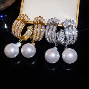Orecchini a cerchio di lusso con zirconi e perle grandi in oro e argento, stile francese
