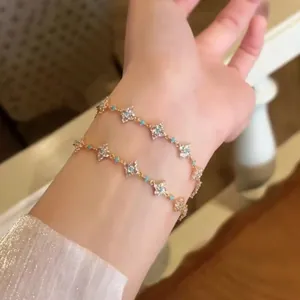 18K Gold Plated Rhinestone Four Leaf Clover Flower Bracelet Vintage Lucky Charm Bracelet For Women Luxurious Jewelry Gift