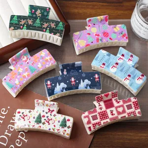 Christmas Hair Claw Clip Plastic Cartoon Printed Santa Reindeer Tree Pattern Festive Hair Accessories For Women Party