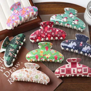 Christmas Plastic Hair Claw Clip Large Shark Clip Santa Snowman Reindeer Tree Print Festival Hair Accessories For Women Girls