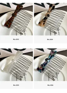 Four elegant acetate leopard bow hair combs with metal teeth displayed in a white dish