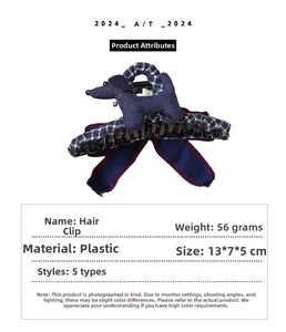 Blue plaid hair claw clip with plush dog ornament and ribbon bow detail dimensions
