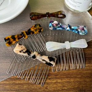 Bow Acetate Hair Comb For Women Leopard Print Tortoiseshell Pattern Hair Accessories Elegant Anti-Slip Metal Teeth Hair Pins