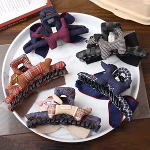 Large Plaid Fabric Hair Claw Clip With Stuffed Dachshund Dog Bow Ribbon Accessory Korean Style Cute Shark Clip For Women