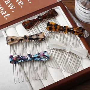 Five-piece leopard acetate bow hair combs with non-slip metal teeth for women styling