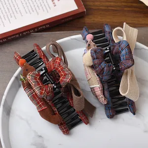 Chic Korean style hair claw clips with plaid bows and plush reindeer for winter