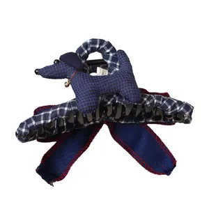 Plaid fabric shark hair claw clip featuring a 3D dachshund dog doll and bow detail