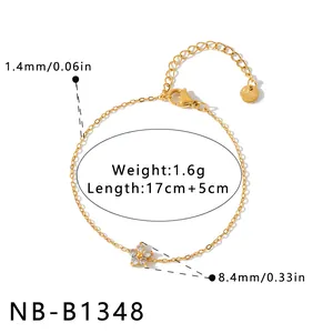 Detailed measurements of a gold flower bracelet with zircon stones and stainless steel chain.