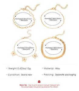 Detail view with measurements for 4-piece gold bohemian alloy anklets with butterfly charm
