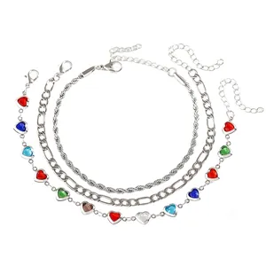 Detailed view of bohemian adjustable colorful heart anklet set of three for women