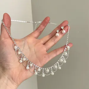 Vintage Eingelegt Strass Künstliche Perle Halskette Ohrringe Luxuriös Hofstil Clavicula Kette Schmuck Damen Party