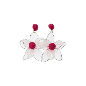 Handmade Bohemian raffia 3D hollow mesh flower drop earrings for beach vacation