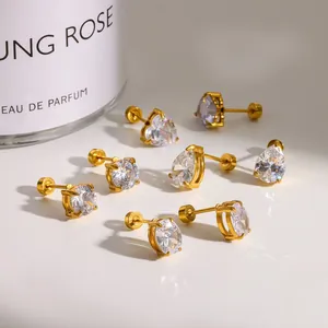 Orecchini a Bottone in Acciaio Inossidabile 304 Placcati Oro 18K Con Strass a Quattro Griffe Cuore Tondo Ovale Gioielli Donna