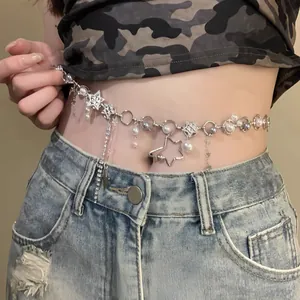Sexy Alloy Star Body Chain Waist Jewelry With Rhinestone Artificial Pearl Accents Silver Color Belly Accessories For Women