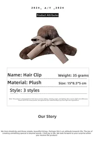 Detail of plush bow claw clip in dark brown with 15x8.5x5cm dimensions and fuzzy texture