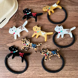Cute Cartoon Cat Shape Acetate Leopard Hair Clips And Hair Ties With Rhinestone Bow For Women Daily Hair Accessories