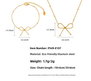 Gedetailleerde maten en materiaal van de gouden strik ketting en armband set van titaanstaal
