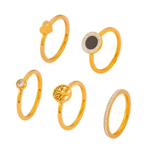 5-piece 18K gold plated stainless steel ring set with Tree of Life and heart zircon designs