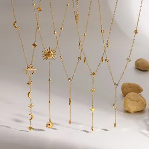 Collar Largo en Y de Acero Inoxidable 304 Chapado en Oro 18K Con Colgantes Estrella Luna Ojo Turco Strass Joyería Mujer