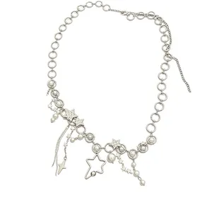 Silver alloy star waist chain with rhinestones and faux pearls for body jewelry accessories