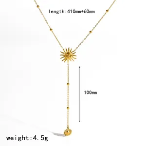 Collar largo tipo Y de acero inoxidable chapado en oro de 18k con colgante de sol para mujer