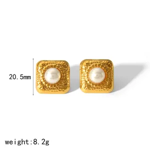 Elegant hammered gold square stud earrings with white central pearl detail for women