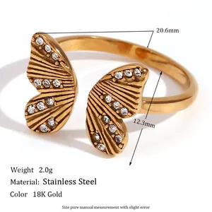 18K gold plated stainless steel butterfly open ring with sparkling white cubic zirconia