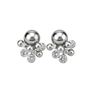 Elegant silver stud earrings featuring zircon clusters and metallic pearls on white background
