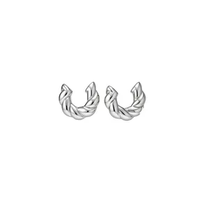 Elegant silver twisted croissant C-shape stud earrings for women with minimalist design