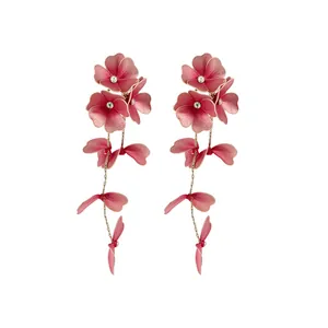 Elegant handmade pink flower drop earrings with crystal center and gold edges.