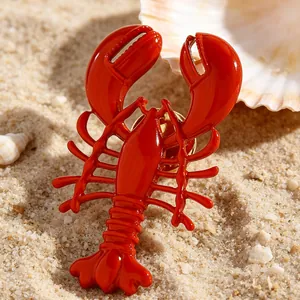 Detailaufnahme einer leuchtend roten Emaille-Hummer-Brosche auf feinem Strandsand.