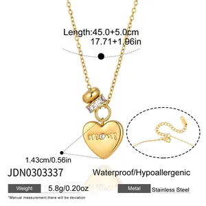 Gold stainless steel heart necklace engraved with Mom and crystal detail for Mother's Day.
