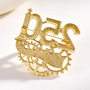 Macro detail of gold metal brooch featuring star and numeric gears with sunburst texture