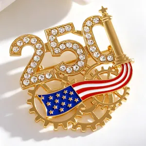 Detailed macro view of US 250th anniversary brooch featuring rhinestones and American flag