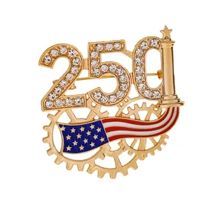 Detailed view of the US 250th anniversary brooch with rhinestones and flag design.