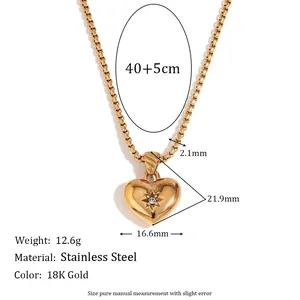 Vintage 18K gold plated stainless steel heart pendant necklace for women with zircon inlay