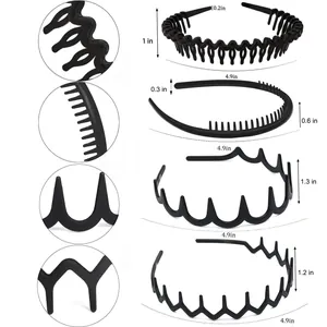 Set of four black candy colored plastic headbands with various tooth designs and dimensions
