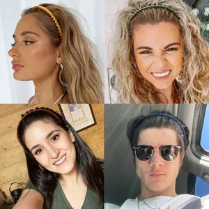 Detail showing wavy slim hairbands in various colors worn by models in daily lifestyle settings