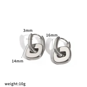 Minimalist silver stainless steel double hoop earrings with rounded square charm variant