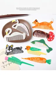 Detailed flat lay of colorful acetate hair combs in creative animal and plant shapes