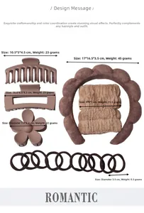 Detailed set of brown coffee hair accessories with plush headband and clips dimensions
