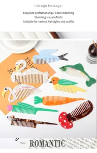 Detail view of colorful acetate hair combs in creative animal and vegetable shapes