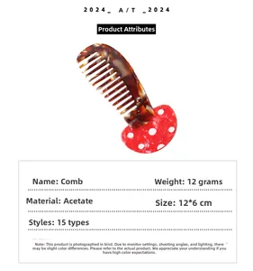 Detailed view of mushroom-shaped acetate hair comb with dimensions 12x6cm and tortoise shell teeth