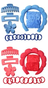 Detail view of colorful sponge headbands with matching wristbands and matte claw clips