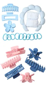 Detailed set of matte flower hair claws, plush headband, and matching wristband accessories