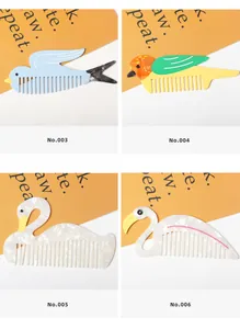 Detail of colorful acetate hair combs in bird shapes: swallow, parrot, swan, and flamingo