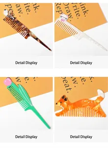Detail of cute acetate hair combs in dog, cat, cactus and fox shapes with marble finish