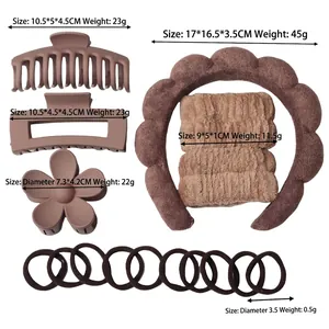 Brown padded headband with matte hair claws, wristbands, and elastic ties set