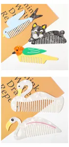 Detailed macro view of colorful acetate animal-shaped hair combs with marble texture